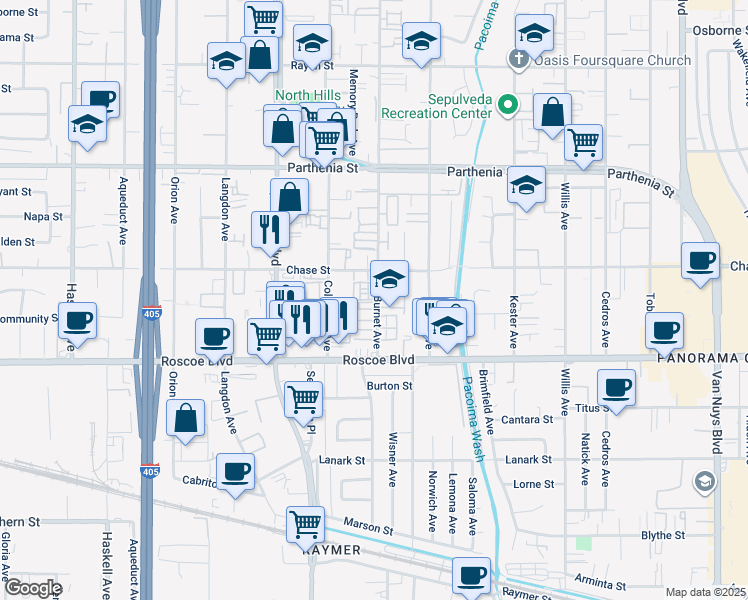 map of restaurants, bars, coffee shops, grocery stores, and more near 8435 Burnet Avenue in Los Angeles