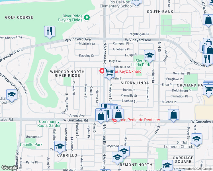 map of restaurants, bars, coffee shops, grocery stores, and more near 2120 North Ventura Road in Oxnard
