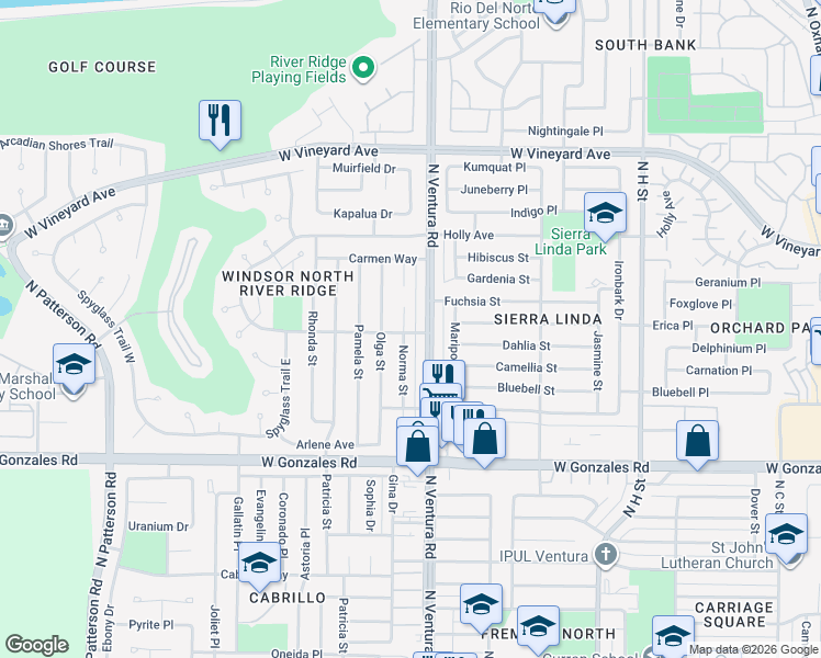 map of restaurants, bars, coffee shops, grocery stores, and more near 2111 Norma Street in Oxnard