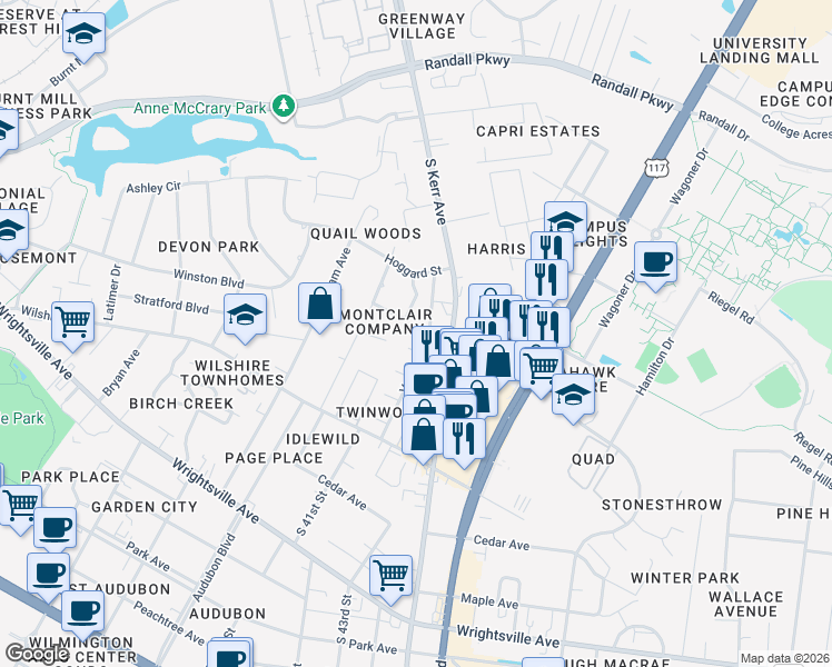 map of restaurants, bars, coffee shops, grocery stores, and more near 4108 Fraternity Court in Wilmington