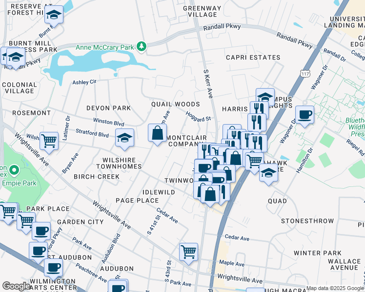 map of restaurants, bars, coffee shops, grocery stores, and more near 4302 Cedarwood Lane in Wilmington