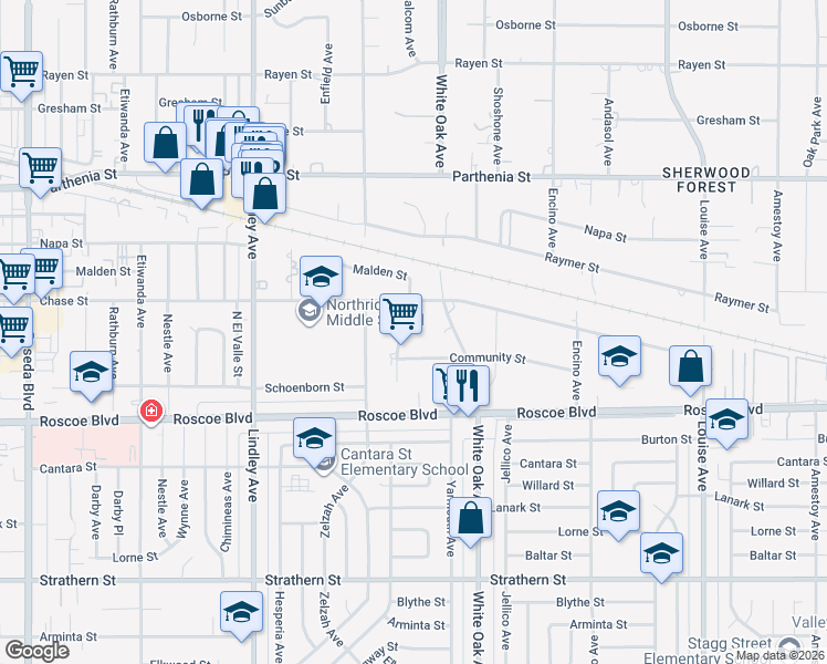 map of restaurants, bars, coffee shops, grocery stores, and more near 8430 Jamieson Avenue in Los Angeles