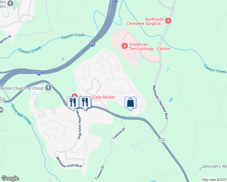 map of restaurants, bars, coffee shops, grocery stores, and more near 340 Denae Court in Canton