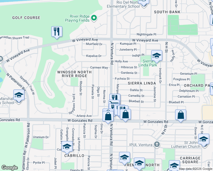 map of restaurants, bars, coffee shops, grocery stores, and more near 2111 Norma Street in Oxnard
