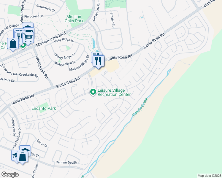 map of restaurants, bars, coffee shops, grocery stores, and more near 15103 Village 15 in Camarillo