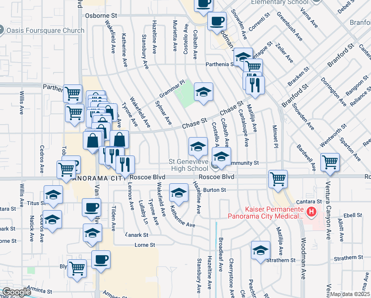 map of restaurants, bars, coffee shops, grocery stores, and more near 8416 Sylmar Avenue in Los Angeles