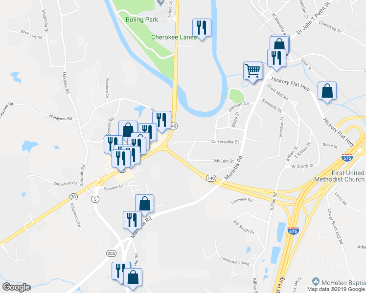 map of restaurants, bars, coffee shops, grocery stores, and more near 343 Cartersville Street in Canton