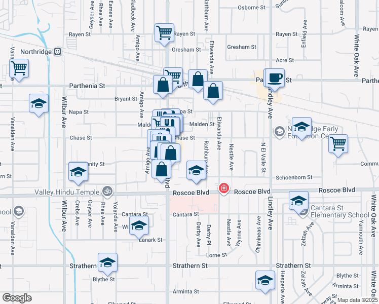 map of restaurants, bars, coffee shops, grocery stores, and more near 8421 Darby Avenue in Los Angeles