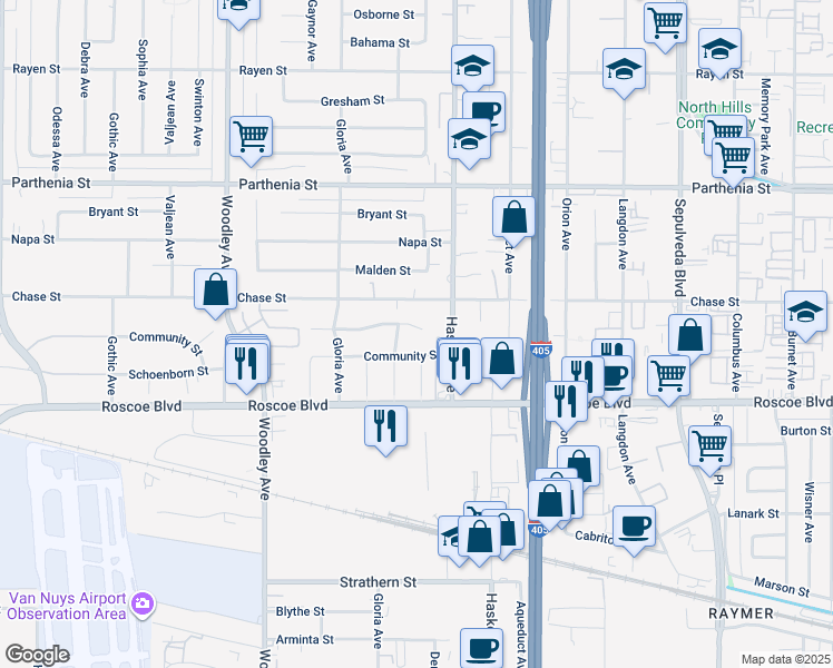 map of restaurants, bars, coffee shops, grocery stores, and more near 15834 Eccles Street in Los Angeles
