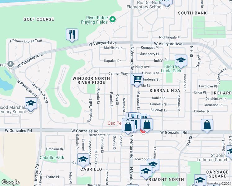 map of restaurants, bars, coffee shops, grocery stores, and more near 2101 Olga Street in Oxnard