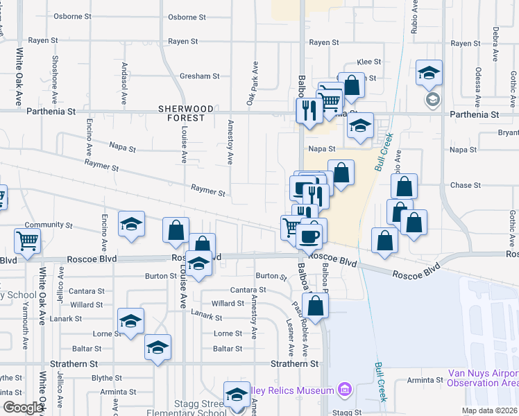 map of restaurants, bars, coffee shops, grocery stores, and more near 8383 Paso Robles Avenue in Los Angeles
