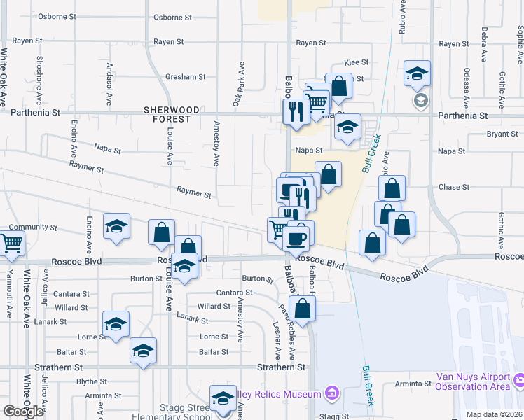 map of restaurants, bars, coffee shops, grocery stores, and more near 17040 Community Street in Los Angeles