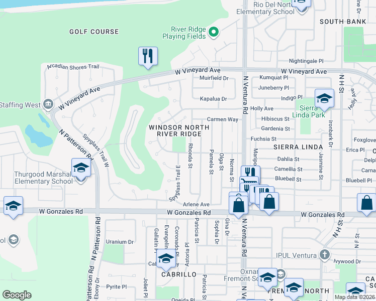 map of restaurants, bars, coffee shops, grocery stores, and more near 2101 Rhonda Street in Oxnard