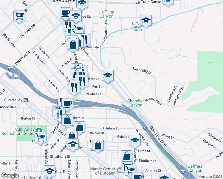 map of restaurants, bars, coffee shops, grocery stores, and more near 8461 Glenoaks Boulevard in Los Angeles