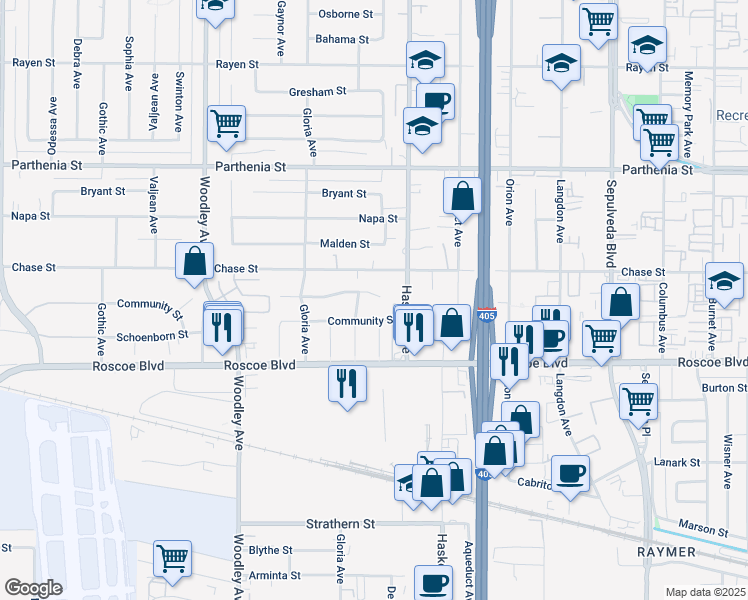 map of restaurants, bars, coffee shops, grocery stores, and more near 15836 Eccles Street in Los Angeles