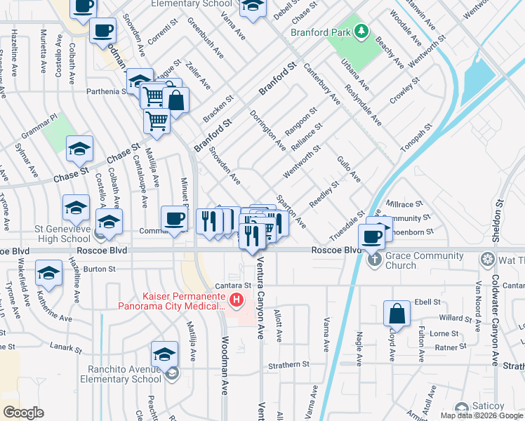 map of restaurants, bars, coffee shops, grocery stores, and more near 13361 Truesdale Street in Los Angeles