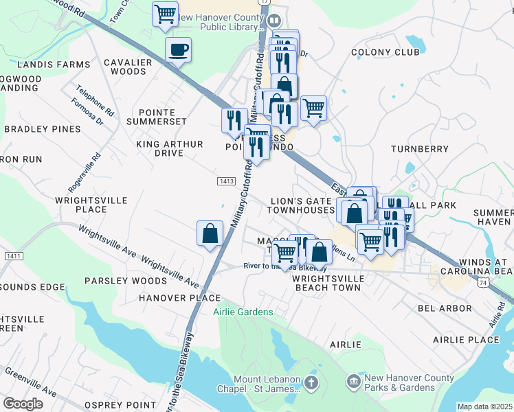 map of restaurants, bars, coffee shops, grocery stores, and more near 1507 Military Cutoff Road in Wilmington