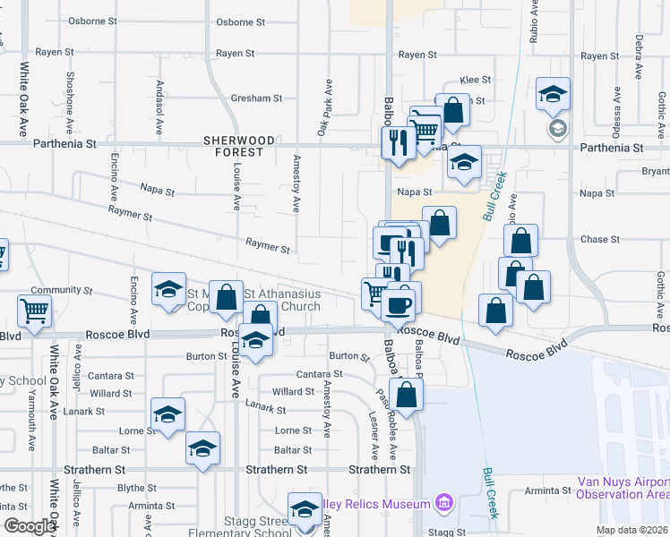 map of restaurants, bars, coffee shops, grocery stores, and more near 8383 Paso Robles Avenue in Los Angeles
