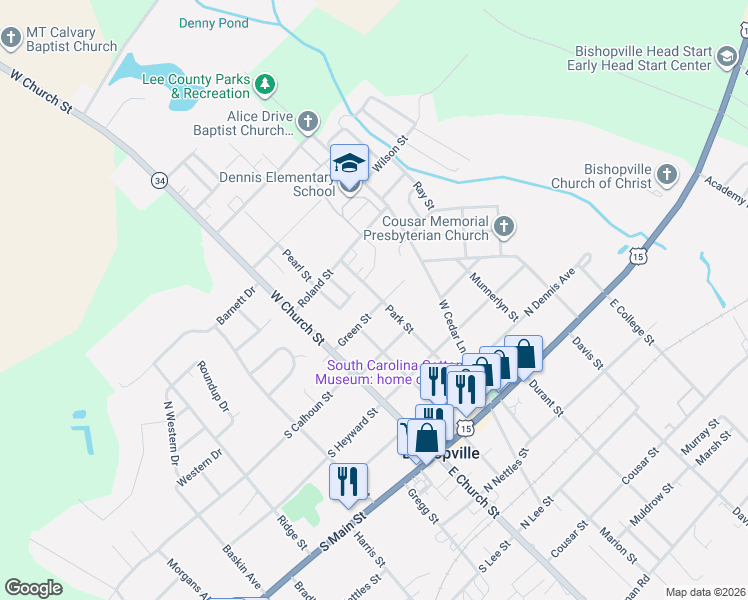 map of restaurants, bars, coffee shops, grocery stores, and more near 219 Green Street in Bishopville