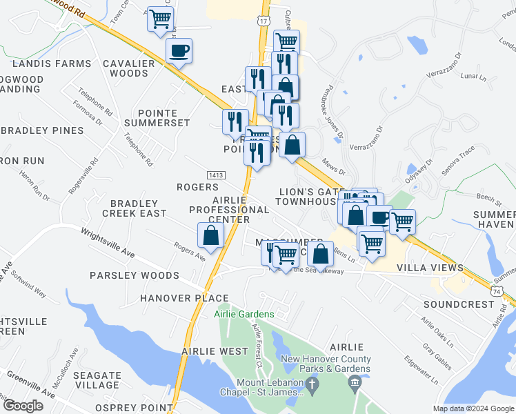 map of restaurants, bars, coffee shops, grocery stores, and more near 1507 Military Cutoff Road in Wilmington