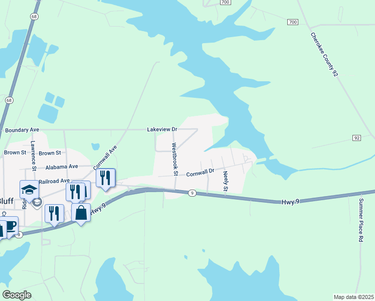 map of restaurants, bars, coffee shops, grocery stores, and more near 4385 Lakewood Drive in Cedar Bluff