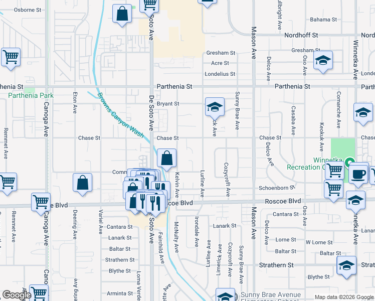 map of restaurants, bars, coffee shops, grocery stores, and more near 20734 Chase Street in Los Angeles