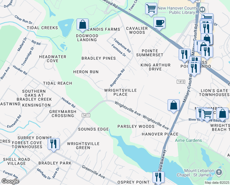 map of restaurants, bars, coffee shops, grocery stores, and more near 6211 Wrightsville Avenue in Wilmington