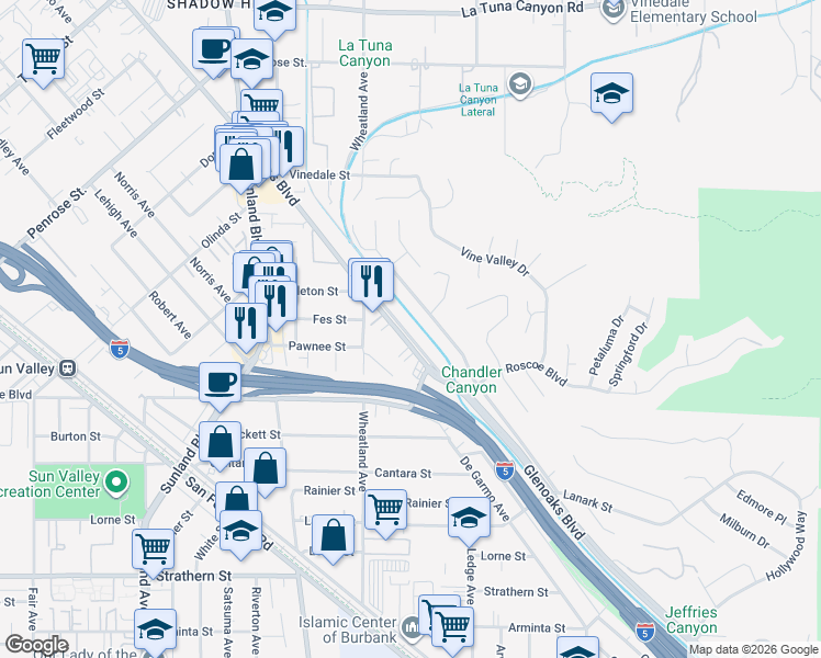 map of restaurants, bars, coffee shops, grocery stores, and more near 8450 Glenoaks Boulevard in Los Angeles
