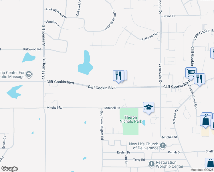 map of restaurants, bars, coffee shops, grocery stores, and more near 1052 Cliff Gookin Boulevard in Tupelo