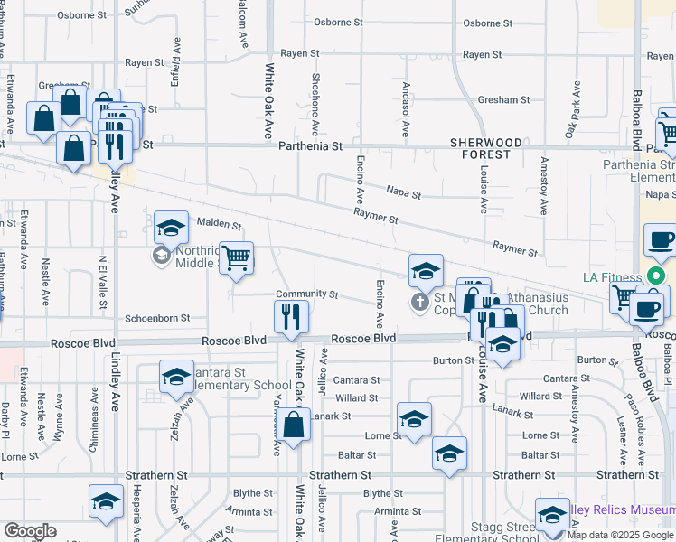 map of restaurants, bars, coffee shops, grocery stores, and more near 17556 Chase Street in Los Angeles
