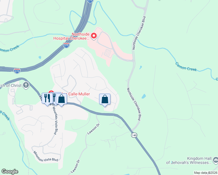 map of restaurants, bars, coffee shops, grocery stores, and more near 3648 Cherokee Overlook Drive in Canton