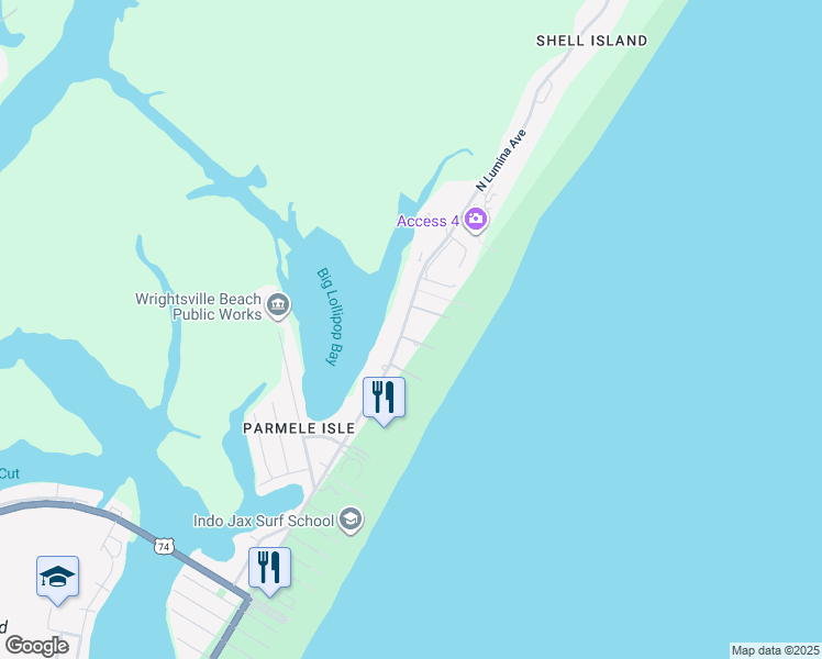 map of restaurants, bars, coffee shops, grocery stores, and more near 1 Cowrie Lane in Wrightsville Beach