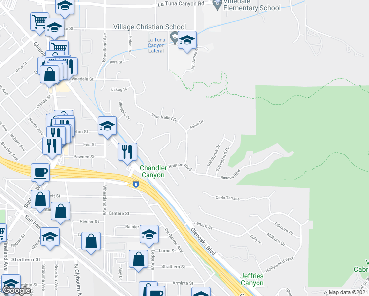 map of restaurants, bars, coffee shops, grocery stores, and more near 8415 Vine Valley Drive in Los Angeles