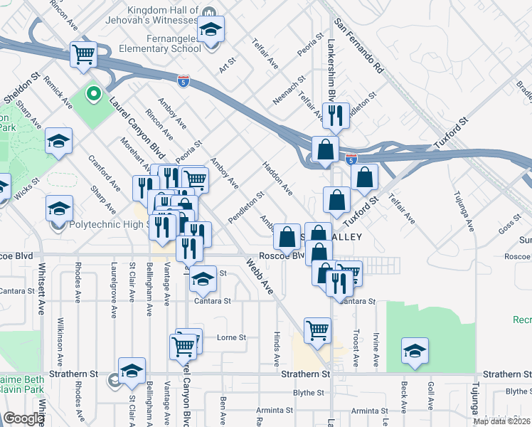 map of restaurants, bars, coffee shops, grocery stores, and more near 8436 Amboy Avenue in Los Angeles