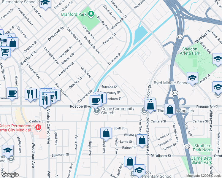 map of restaurants, bars, coffee shops, grocery stores, and more near 13150 Millrace Street in Los Angeles