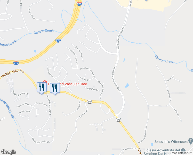 map of restaurants, bars, coffee shops, grocery stores, and more near 3648 Cherokee Overlook Drive in Canton