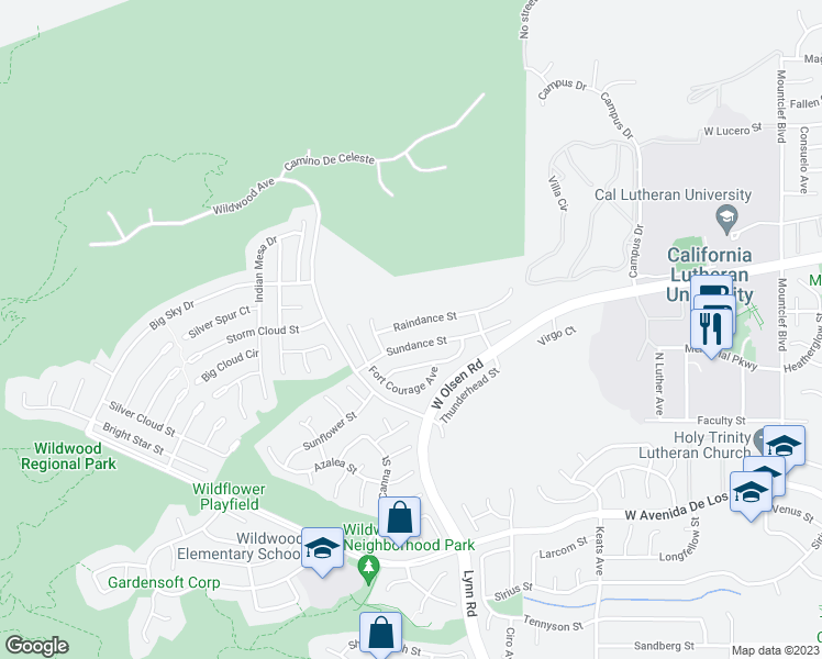 map of restaurants, bars, coffee shops, grocery stores, and more near 486 Raindance Street in Thousand Oaks