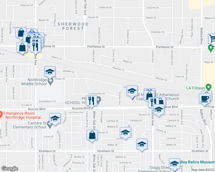 map of restaurants, bars, coffee shops, grocery stores, and more near 17556 Chase Street in Los Angeles