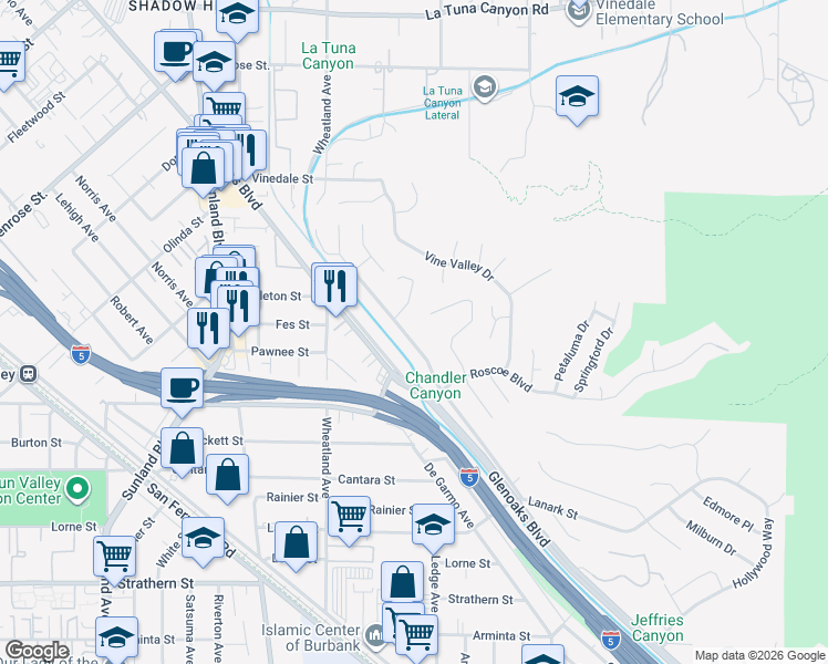 map of restaurants, bars, coffee shops, grocery stores, and more near 8422 Glencrest Drive in Los Angeles