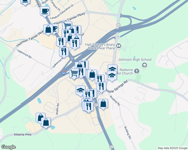 map of restaurants, bars, coffee shops, grocery stores, and more near 3105 Spring Lane in Gainesville