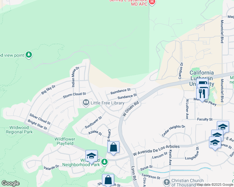 map of restaurants, bars, coffee shops, grocery stores, and more near 486 Raindance Street in Thousand Oaks