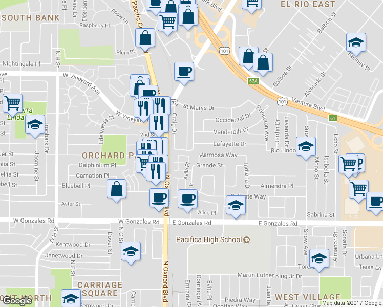 map of restaurants, bars, coffee shops, grocery stores, and more near 225 Hermano Tr in Oxnard