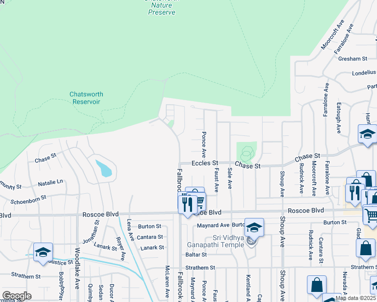 map of restaurants, bars, coffee shops, grocery stores, and more near 22737 Rodax Street in Los Angeles