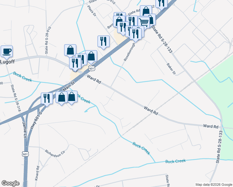 map of restaurants, bars, coffee shops, grocery stores, and more near 3 Canter Field Lane in Lugoff