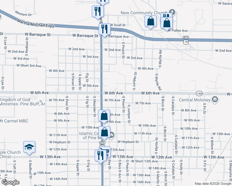 map of restaurants, bars, coffee shops, grocery stores, and more near Arkansas 190 in Pine Bluff