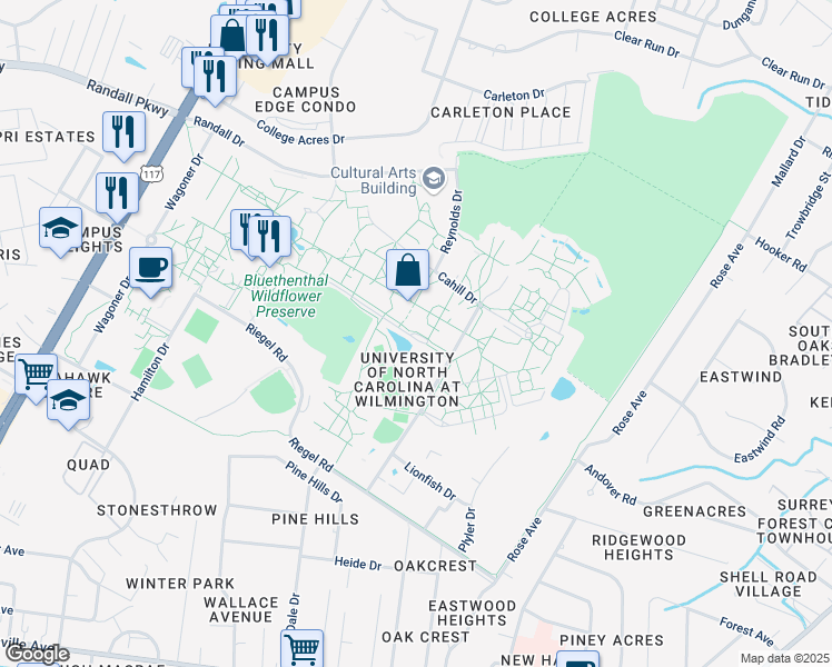 map of restaurants, bars, coffee shops, grocery stores, and more near 5070 Price Drive in Wilmington