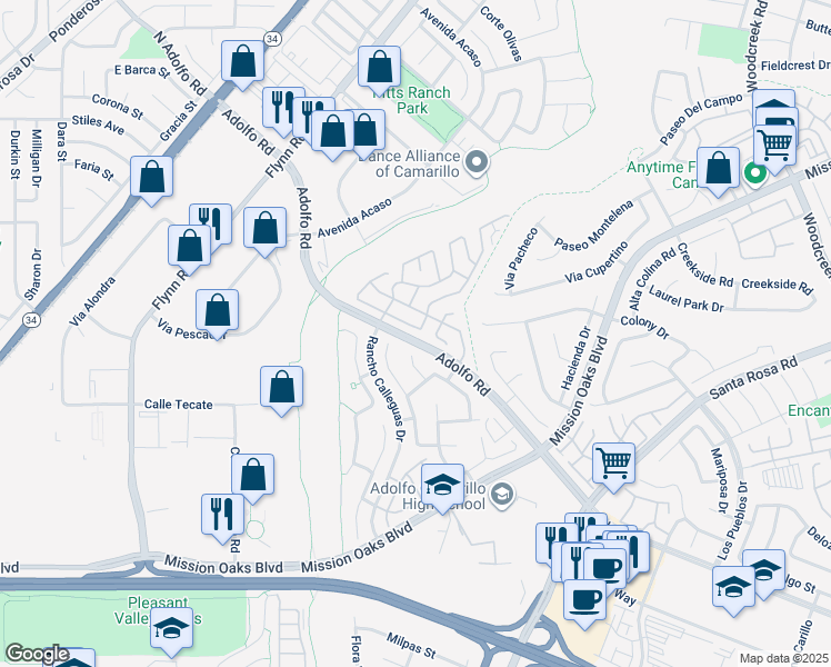 map of restaurants, bars, coffee shops, grocery stores, and more near 2 Camarillo Street in Camarillo