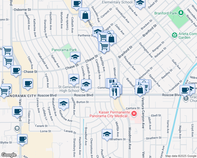 map of restaurants, bars, coffee shops, grocery stores, and more near 8407 Cantaloupe Avenue in Los Angeles