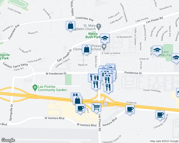 map of restaurants, bars, coffee shops, grocery stores, and more near 4 West Ponderosa Drive in Camarillo
