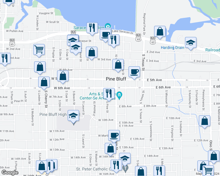map of restaurants, bars, coffee shops, grocery stores, and more near 116 West 6th Avenue in Pine Bluff